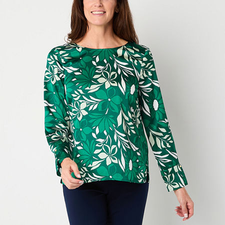 Liz Claiborne Womens Round Neck Long Sleeve Satin Blouse, Petite Small, Green