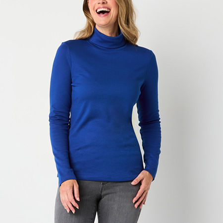 St. John's Bay Womens Turtleneck Long Sleeve T-Shirt, Petite Large, Blue