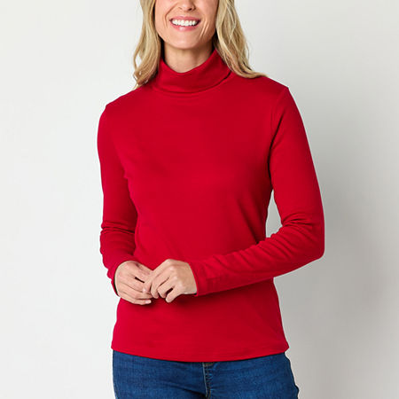 St. John's Bay Womens Turtleneck Long Sleeve T-Shirt, Petite Medium, Red