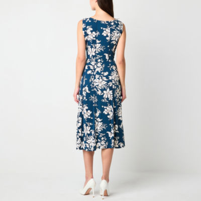 Perceptions Womens Petite Sleeveless Floral Midi Fit + Flare Dress