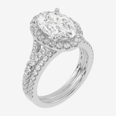 (G-H / Vs2-Si1) Womens 3 3/4 CT. T.W. Lab Grown White Diamond 14K Rose Gold Oval Side Stone Halo Bridal Set