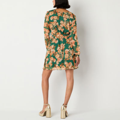 by&by Womens Juniors Long Sleeve Floral High-Low Wrap Dress