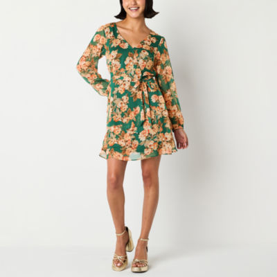 by&by Womens Juniors Long Sleeve Floral High-Low Wrap Dress