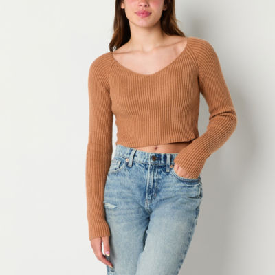 Forever 21 Ribbed Sweater Womens V Neck Long Sleeve Crop Top Juniors