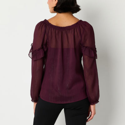 Brannan Womens Split Tie Neck Long Sleeve Blouse