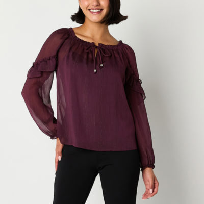 Brannan Womens Split Tie Neck Long Sleeve Blouse