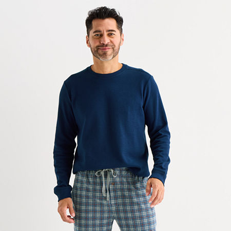 St. John's Bay Mens Waffle Crew Neck Long Sleeve Pajama Top In Blue