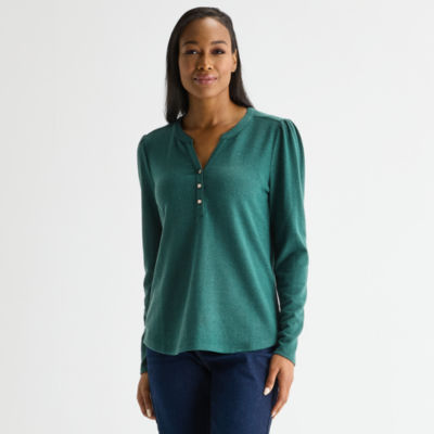 Liz Claiborne Womens Split Crew Neck Long Sleeve Blouse