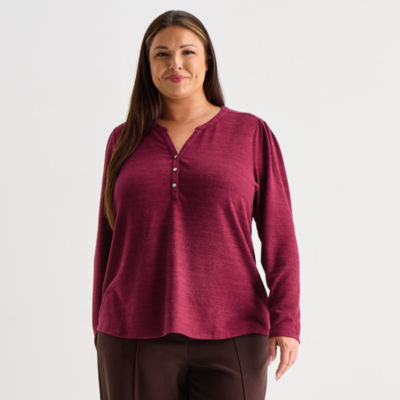 Liz Claiborne Womens Plus Split Crew Neck Long Sleeve Blouse