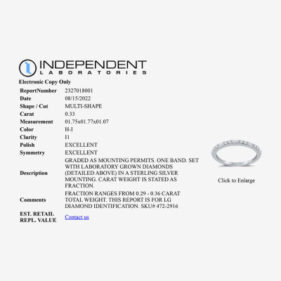 I Said Yes (H-I / I1) 1/3 CT. T.W. Lab Grown White Diamond Sterling Silver or 14K Gold Over Silver Wedding Band