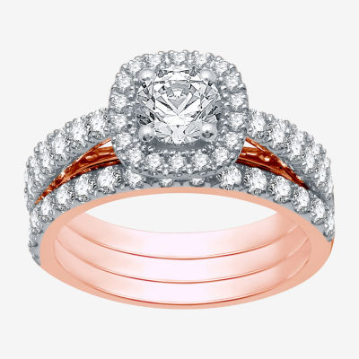 (H-I / I1) Womens 2 CT. T.W. Lab Grown White Diamond 10K Rose Gold Cushion Side Stone Halo Bridal Set