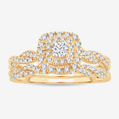 Womens 1/2 CT. T.W. Mined White Diamond 10K Gold Cushion Halo Bridal Set