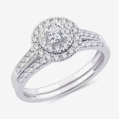 Womens 1/2 CT. T.W. Natural White Diamond 10K Gold Round Side Stone Halo Bridal Set