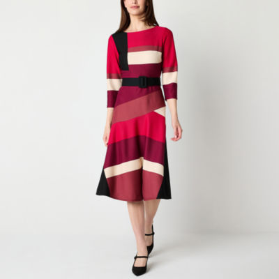 Danny & Nicole Womens 3/4 Sleeve Midi Fit + Flare Dress