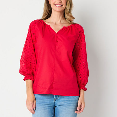 St. John's Bay Womens V Neck Blouse, Petite Small, Red