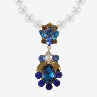 Monet Jewelry Gold Tone Womens Blue Glass Simulated Pearl 17 Inch Pendant Necklace