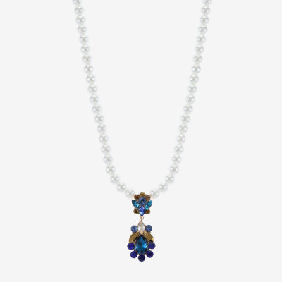 Monet Jewelry Gold Tone Womens Blue Glass Simulated Pearl 17 Inch Pendant Necklace