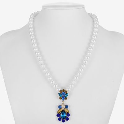 Monet Jewelry Gold Tone Womens Blue Glass Simulated Pearl 17 Inch Pendant Necklace