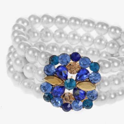 Monet Jewelry Gold Tone Womens Blue Glass Simulated Pearl Stretch Bracelet