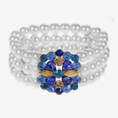 Monet Jewelry Gold Tone Womens Blue Glass Simulated Pearl Stretch Bracelet