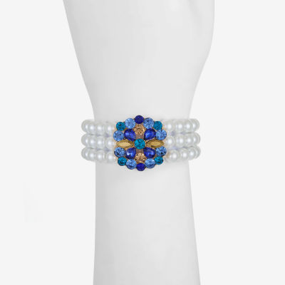 Monet Jewelry Gold Tone Womens Blue Glass Simulated Pearl Stretch Bracelet