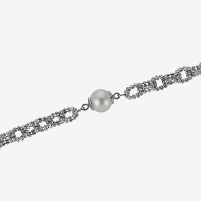 Cultured Freshwater Button Pearl Diamond-Cut Sterling Silver Chain Necklace