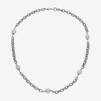 Cultured Freshwater Button Pearl Diamond-Cut Sterling Silver Chain Necklace