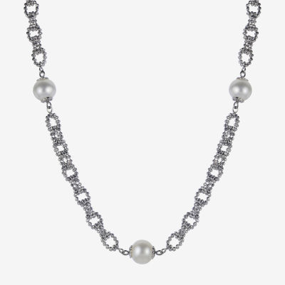 Cultured Freshwater Button Pearl Diamond-Cut Sterling Silver Chain Necklace