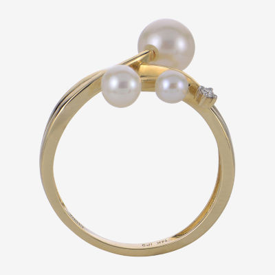 Womens Diamond Accent 6-6.5MM White Cultured Freshwater Pearl 14K Gold Cocktail Ring