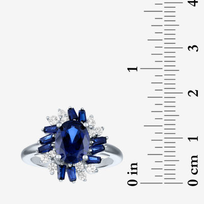 Womens Lab Created Blue Sapphire Sterling Silver Oval Cluster Halo Cocktail Ring