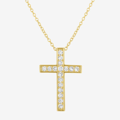 Yes Womens Lab Created White Sapphire 14K Gold Over Silver Cross 18 Inch Pendant Necklace