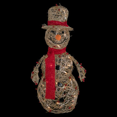 28'' Pre-Lit Champagne Gold and Red Glittered Snowman Outdoor Christmas Yard Decor