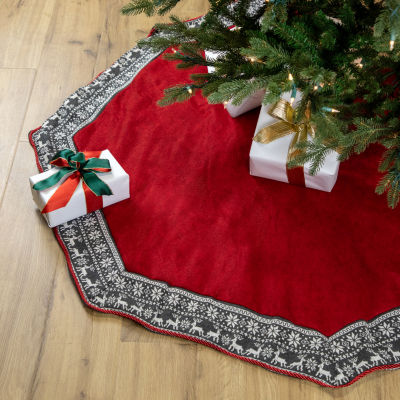 50'' Red Heptagon with Gray and White Snowflakes & Reindeer Knit Border Christmas Tree Skirt