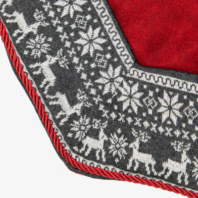 50'' Red Heptagon with Gray and White Snowflakes & Reindeer Knit Border Christmas Tree Skirt