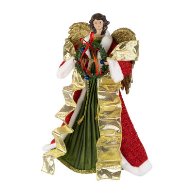 Northlight 18" Red And Green Angel With Wreath Unlit Christmas Tree Topper