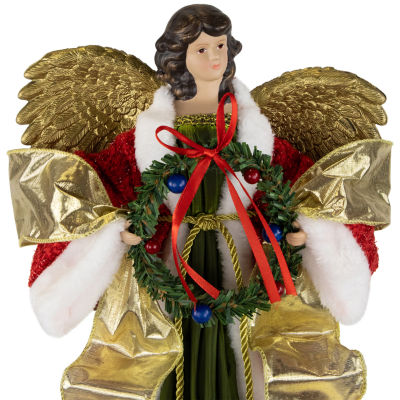 Northlight 18" Red And Green Angel With Wreath Unlit Christmas Tree Topper