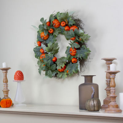 Northlight 24" Maple And Fern Leaves With Pumpkins Wreath