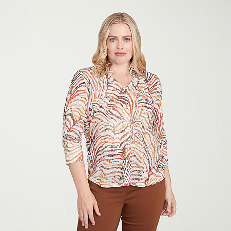 Alfred Dunner Mount Laurel Womens 3/4 Sleeve Button-Down Shirt