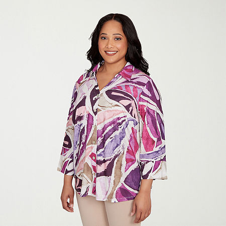Alfred Dunner Urban Legend Womens Plus 3/4 Sleeve Button-Down Shirt