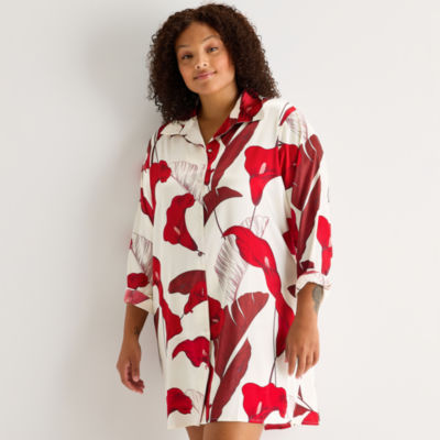Ambrielle Womens Satin Long Sleeve Plus Nightshirt