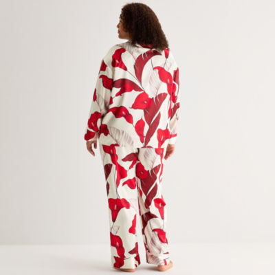 Ambrielle Womens Satin Long Sleeve 2-pc. Plus Pajama Sets