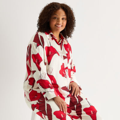 Ambrielle Womens Satin Long Sleeve 2-pc. Plus Pajama Sets