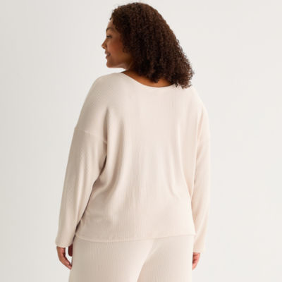 Ambrielle Womens Rib V Neck Long Sleeve Plus Pajama Top