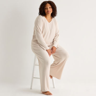 Ambrielle Womens Rib V Neck Long Sleeve Plus Pajama Top