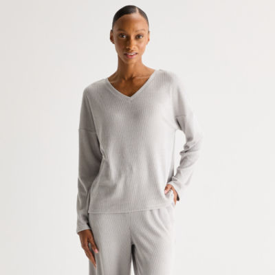 Ambrielle Womens Rib V Neck Long Sleeve Pajama Top