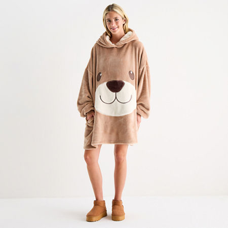 Sleep Chic One Size Fits Most Womens Fleece Hooded Long Sleeve Nightgown In Brown