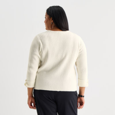 Liz Claiborne Plus Womens Split Crew Neck Short Sleeve Pullover Sweater