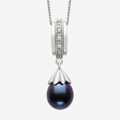 Womens Diamond Accent Dyed Black Cultured Freshwater Pearl Sterling Silver Pendant Necklace
