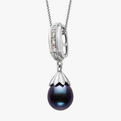 Womens Diamond Accent Dyed Black Cultured Freshwater Pearl Sterling Silver Pendant Necklace