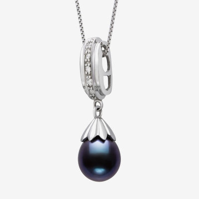 Womens Diamond Accent Dyed Black Cultured Freshwater Pearl Sterling Silver Pendant Necklaces